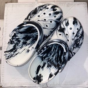 Black and white marbled crocs